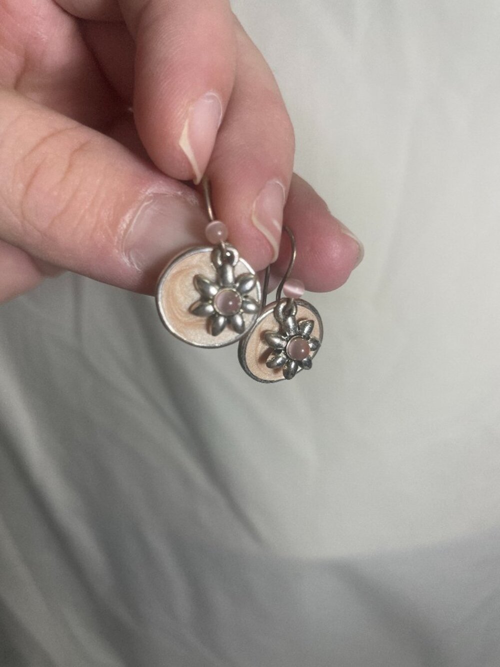 Pink Enamel Floral Dangle Earrings Silver Tone Round Disc Fishhook